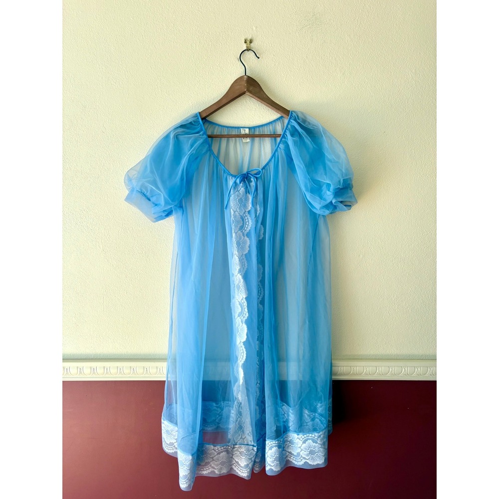 Vintage Stern-Maid Blue Sheer Lace Peignoir Robe USA Union Made S Coquette Girl - Picture 11 of 11